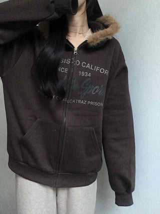 Fur-trimmed Hooded Lettering Oversized Zip-up