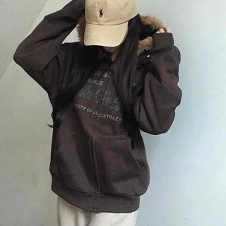Fur-trimmed Hooded Lettering Oversized Zip-up