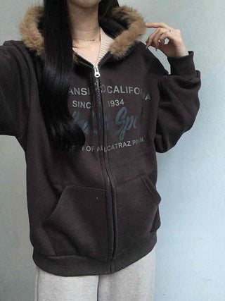 Fur-trimmed Hooded Lettering Oversized Zip-up
