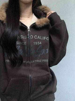Fur-trimmed Hooded Lettering Oversized Zip-up