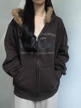 Fur-trimmed Hooded Lettering Oversized Zip-up