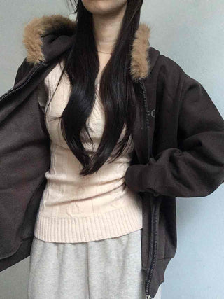 Fur-trimmed Hooded Lettering Oversized Zip-up