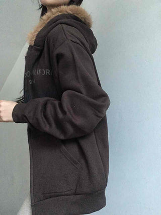 Fur-trimmed Hooded Lettering Oversized Zip-up