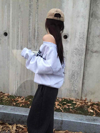 Street Lettering Washed Oversized Shoulder Cutout Sweatshirt