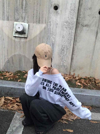 Street Lettering Washed Oversized Shoulder Cutout Sweatshirt