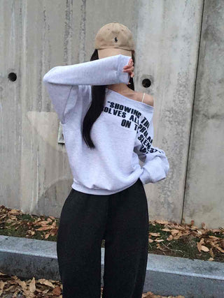 Street Lettering Washed Oversized Shoulder Cutout Sweatshirt