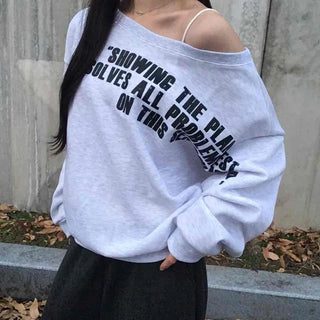 Street Lettering Washed Oversized Shoulder Cutout Sweatshirt