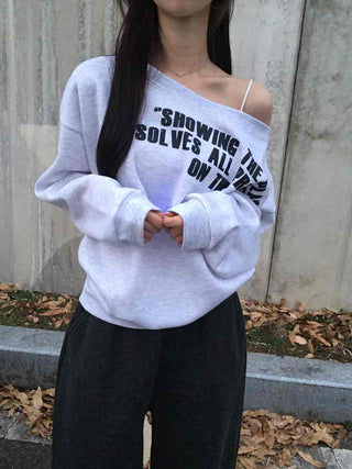 Street Lettering Washed Oversized Shoulder Cutout Sweatshirt