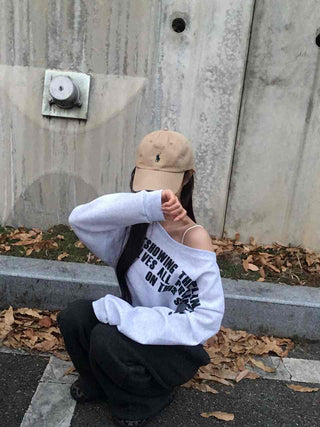 Street Lettering Washed Oversized Shoulder Cutout Sweatshirt