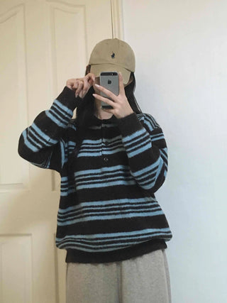 Fuzzy Wool Loose Fit Bold Stripe Knit