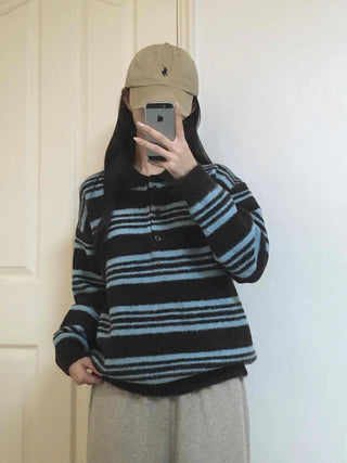 Fuzzy Wool Loose Fit Bold Stripe Knit