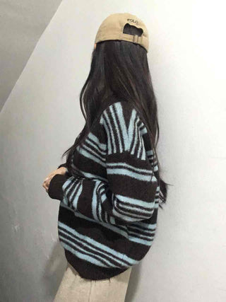 Fuzzy Wool Loose Fit Bold Stripe Knit