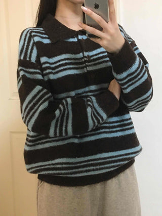Fuzzy Wool Loose Fit Bold Stripe Knit