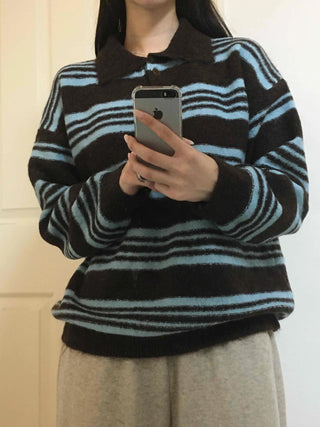 Fuzzy Wool Loose Fit Bold Stripe Knit