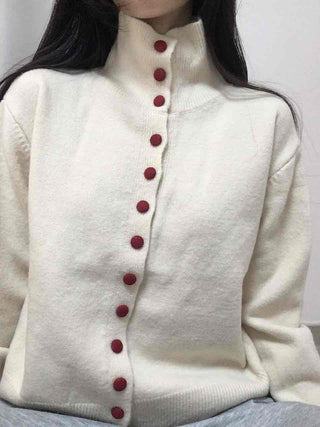 Ivory Button Polo Neck Balloon Fit Short Cardigan