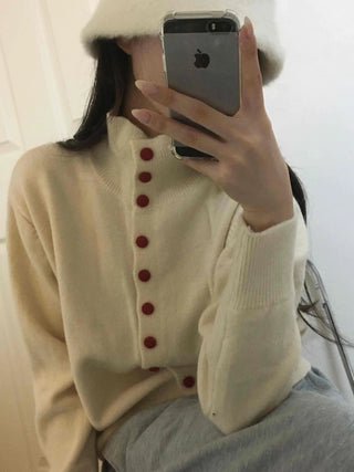 Ivory Button Polo Neck Balloon Fit Short Cardigan