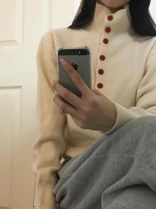 Ivory Button Polo Neck Balloon Fit Short Cardigan