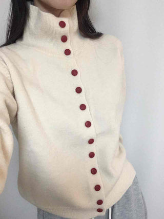 Ivory Button Polo Neck Balloon Fit Short Cardigan