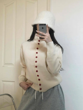 Ivory Button Polo Neck Balloon Fit Short Cardigan