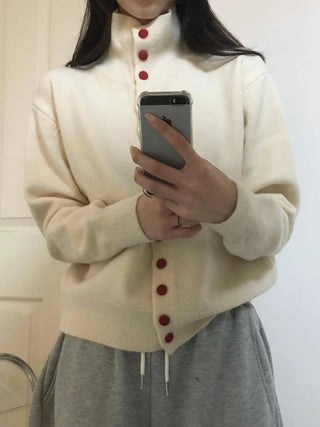 Ivory Button Polo Neck Balloon Fit Short Cardigan