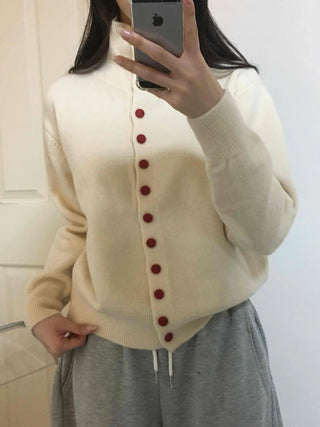 Ivory Button Polo Neck Balloon Fit Short Cardigan