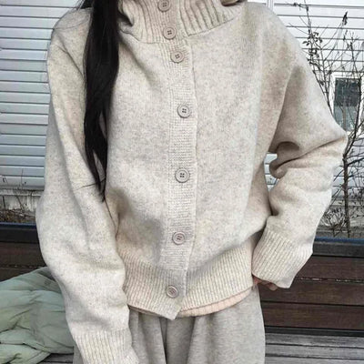 Minimal Cable Shoulder Pad Stand Neck Knit Cardigan