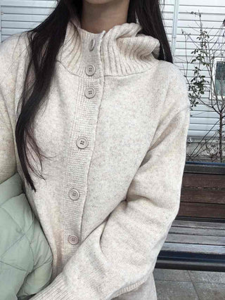 Minimal Cable Shoulder Pad Stand Neck Knit Cardigan