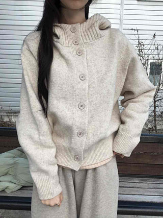 Minimal Cable Shoulder Pad Stand Neck Knit Cardigan