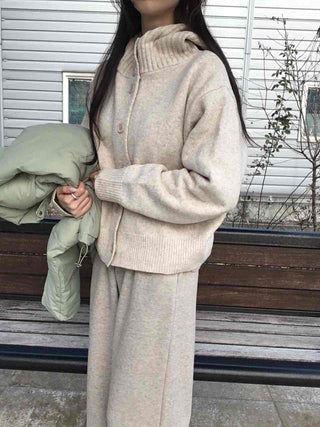 Minimal Cable Shoulder Pad Stand Neck Knit Cardigan