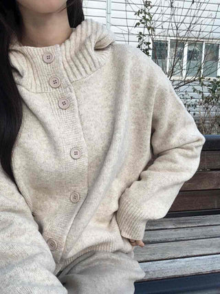 Minimal Cable Shoulder Pad Stand Neck Knit Cardigan