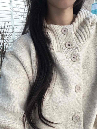 Minimal Cable Shoulder Pad Stand Neck Knit Cardigan