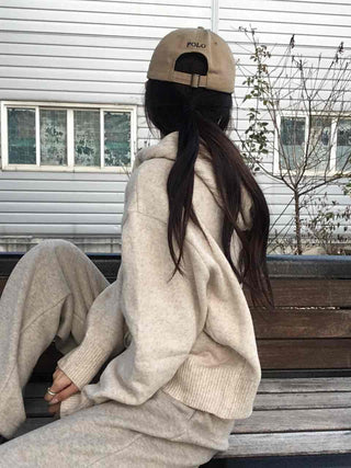Minimal Cable Shoulder Pad Stand Neck Knit Cardigan