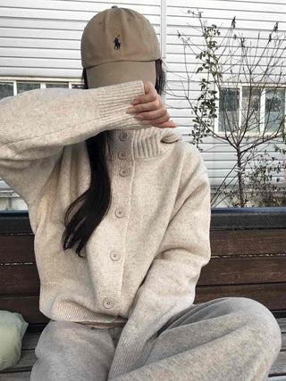 Minimal Cable Shoulder Pad Stand Neck Knit Cardigan
