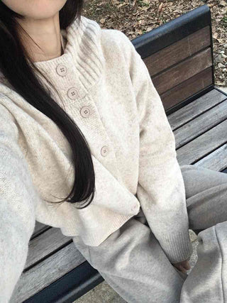Minimal Cable Shoulder Pad Stand Neck Knit Cardigan
