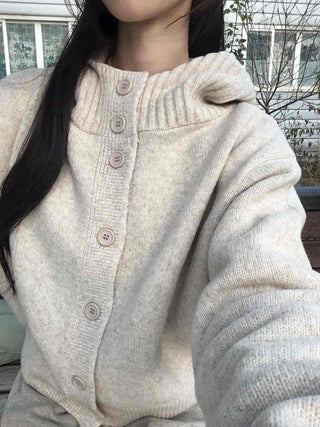 Minimal Cable Shoulder Pad Stand Neck Knit Cardigan