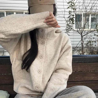 Minimal Cable Shoulder Pad Stand Neck Knit Cardigan