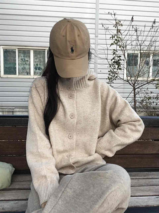Minimal Cable Shoulder Pad Stand Neck Knit Cardigan
