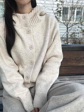 Minimal Cable Shoulder Pad Stand Neck Knit Cardigan