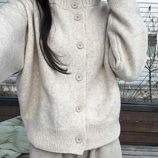 Minimal Cable Shoulder Pad Stand Neck Knit Cardigan