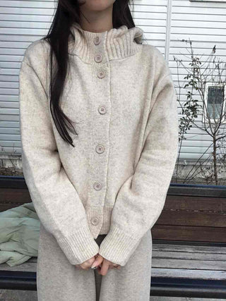 Minimal Cable Shoulder Pad Stand Neck Knit Cardigan