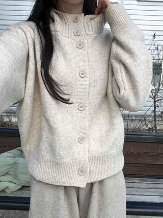 Minimal Cable Shoulder Pad Stand Neck Knit Cardigan