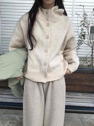 Minimal Cable Shoulder Pad Stand Neck Knit Cardigan