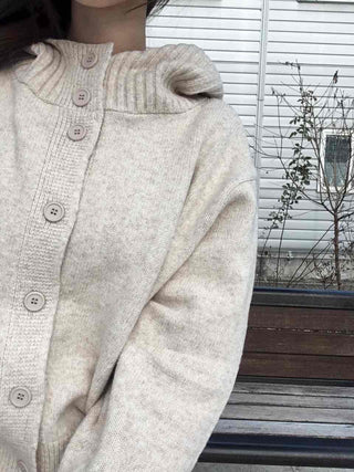 Minimal Cable Shoulder Pad Stand Neck Knit Cardigan