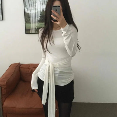 Side Wrap String Slim Fit Round Long Sleeve T-shirt