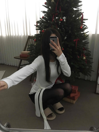 Side Wrap String Slim Fit Round Long Sleeve T-shirt