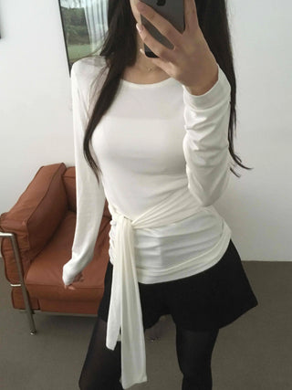 Side Wrap String Slim Fit Round Long Sleeve T-shirt