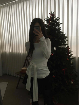 Side Wrap String Slim Fit Round Long Sleeve T-shirt