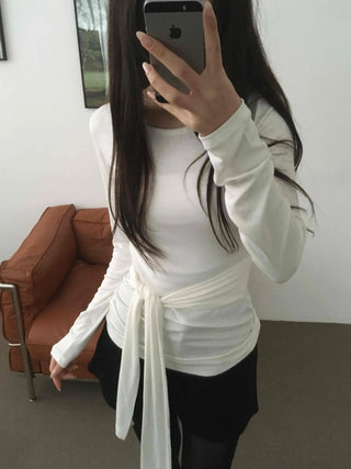 Side Wrap String Slim Fit Round Long Sleeve T-shirt