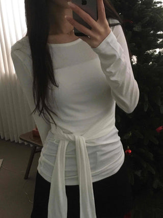 Side Wrap String Slim Fit Round Long Sleeve T-shirt