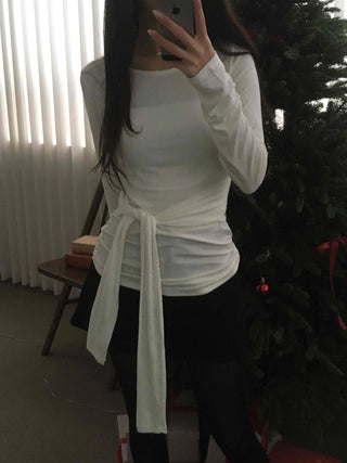 Side Wrap String Slim Fit Round Long Sleeve T-shirt